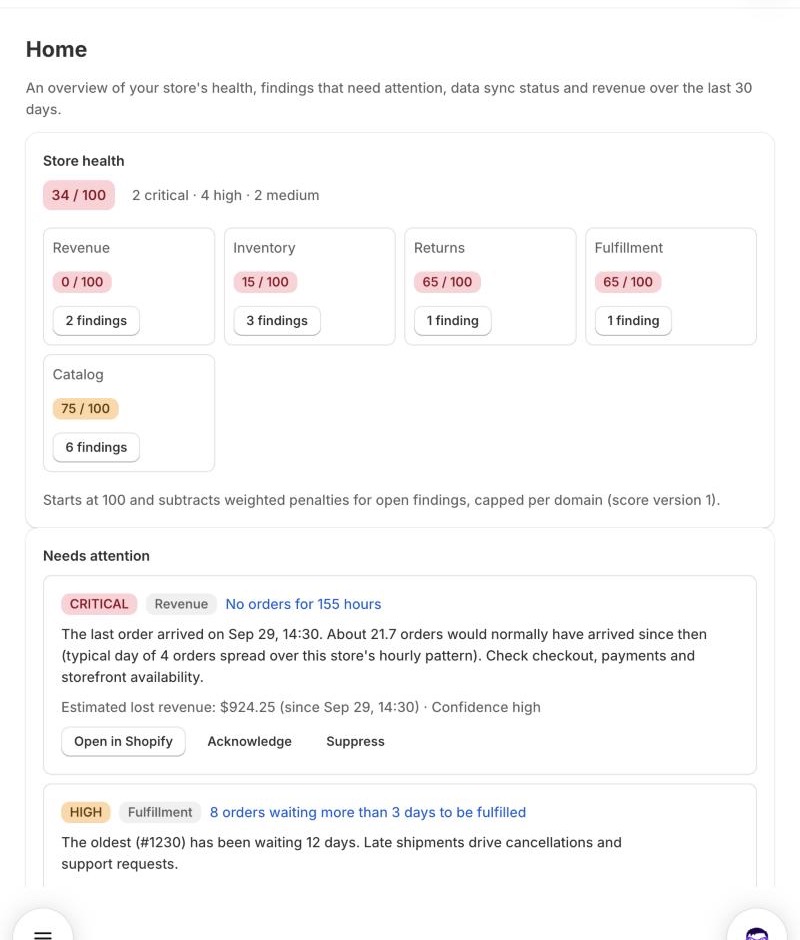 Store Watch overview in the Shopify admin: store health score by domain and findings that need attention